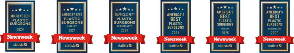 Newsweek logos for America’s Best Plastic Surgeons (2024-2025), Best in Facelift (2023–2025), and Best in Rhinoplasty (2024–2025).